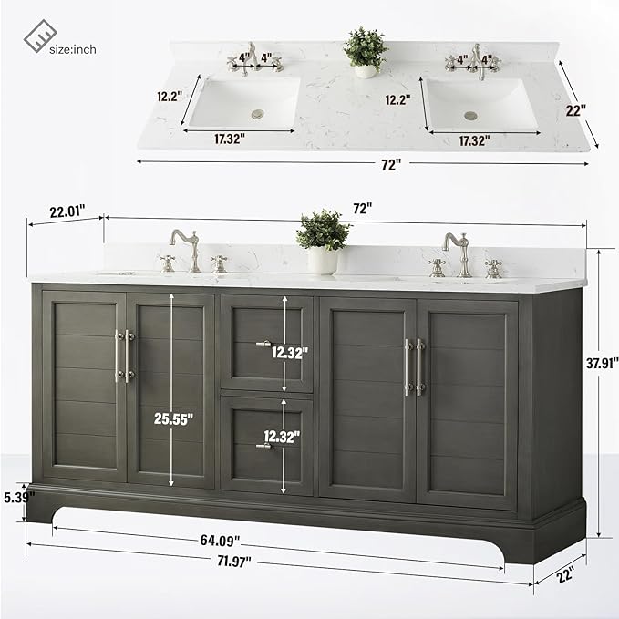 HOMEBEYOND 72 Inch Bathroom Vanity with Double Sink & Ceramic Top, Vanity Cabinet with Center Countertop Basin, Soft-Closing Doors, Backsplash, Sliver Grey