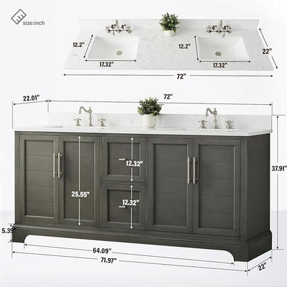 HOMEBEYOND 72 Inch Bathroom Vanity with Double Sink & Ceramic Top, Vanity Cabinet with Center Countertop Basin, Soft-Closing Doors, Backsplash, Sliver Grey
