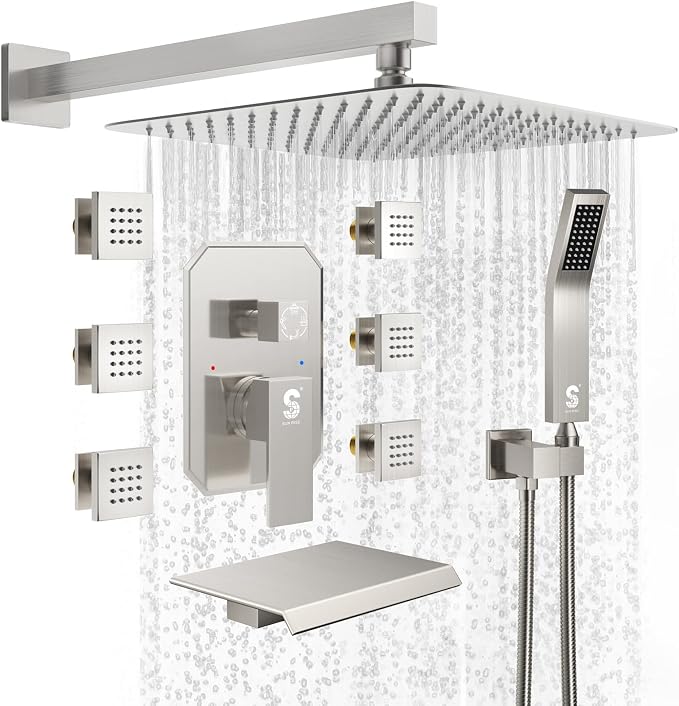 Waist Massage Spray Shower System with 6 Body Jets and Tub Spout, 12'' Rainfall Bathtub Shower System with Shower Jet, Wall Mounted Rain Shower and Handheld Shower Faucet Sets Complete, Brushed Nickel