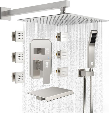 Waist Massage Spray Shower System with 6 Body Jets and Tub Spout, 12'' Rainfall Bathtub Shower System with Shower Jet, Wall Mounted Rain Shower and Handheld Shower Faucet Sets Complete, Brushed Nickel