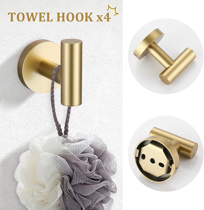TURS Brushed Gold 10 Pieces Bathroom Hardware Set, SUS304 Stainless Steel 24 Inch Bath Towel Bar Set, Round Bathroom Accessories Kit Wall Mounted