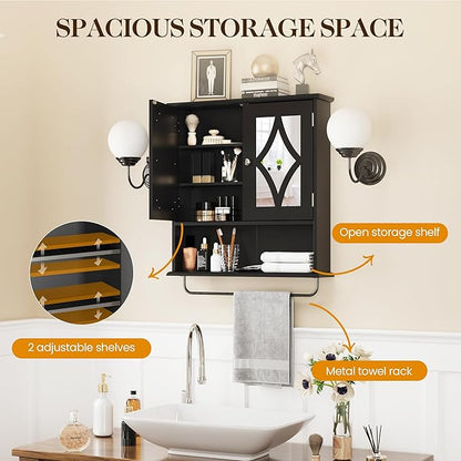 Vanity Wall Mounted Storage Cabinet with Adjustable Shelves and Towel Bar, Bathroom Medicine Cabinet with Mirror, Hanging Wall Cabinet for Bathroom, Laundry, Living Room, Black
