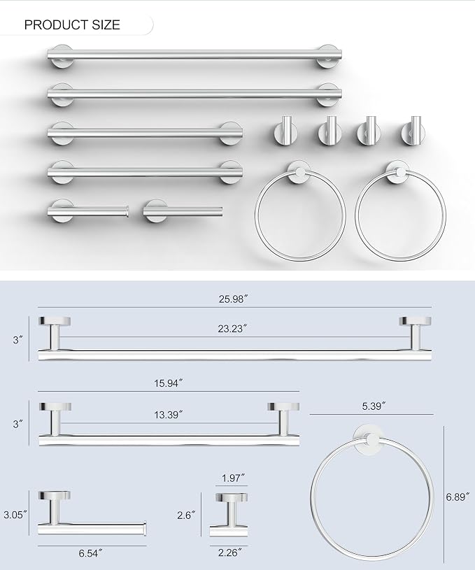 12 Pcs Chrome Bathroom Hardware Accessories Set SUS304 Stainless Steel | Bath Towel Bar Set, Toilet Paper Holders, Towel Rings Racks, Robe Towel Hooks by HOMEMYSTIQUE