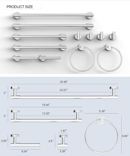 12 Pcs Chrome Bathroom Hardware Accessories Set SUS304 Stainless Steel | Bath Towel Bar Set, Toilet Paper Holders, Towel Rings Racks, Robe Towel Hooks by HOMEMYSTIQUE
