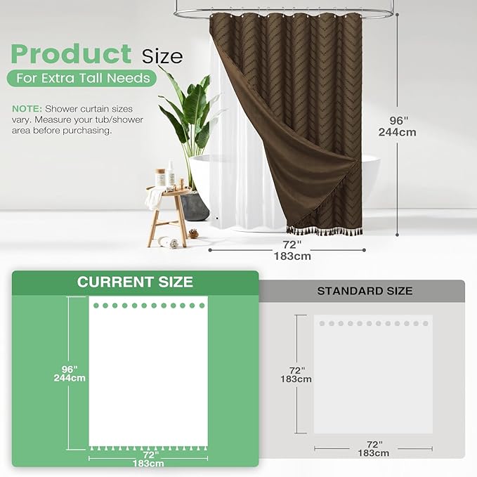 Dynamene Extra Long Shower Curtain and Liner Set - 96 inch Tall Boho Shower Curtain and Waterproof Clear Liner, Tufted Chevron Striped Tassel Shower Curtains for Bathroom, 12 Hooks, 72x96, Brown