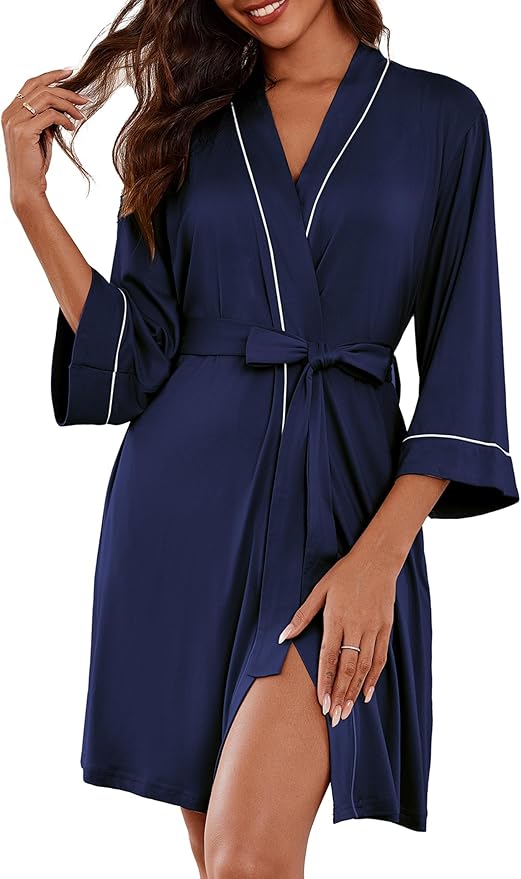 Ekouaer Women Kimono Robes Knee Length Knit Bathrobe Lightweight Soft Sleepwear V-neck Casual Ladies Loungewear