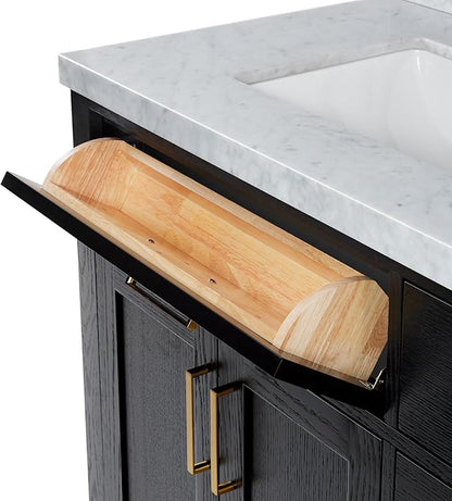 ARIEL Hepburn 66-inch Bathroom Vanity with Sink,Solid Wood, 1.5-inch Italian Carrara Marble Countertop, Double Rectangular Porcelain Sink, 4 Soft Closing Doors, 6 Dovetail Drawers, Black Oak