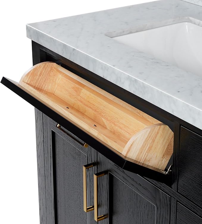 ARIEL Hepburn 66-inch Bathroom Vanity with Sink,Solid Wood, 1.5-inch Italian Carrara Marble Countertop, Double Rectangular Porcelain Sink, 4 Soft Closing Doors, 6 Dovetail Drawers, Black Oak
