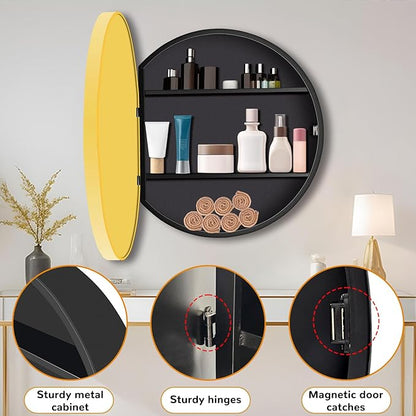 26 Inch Round Medicine Cabinet with Mirror, Gold Bathroom Medicine Cabinet for Wall Metal Framed, Surface Mount Only Circular Storage Cabinet with Vanity Mirror