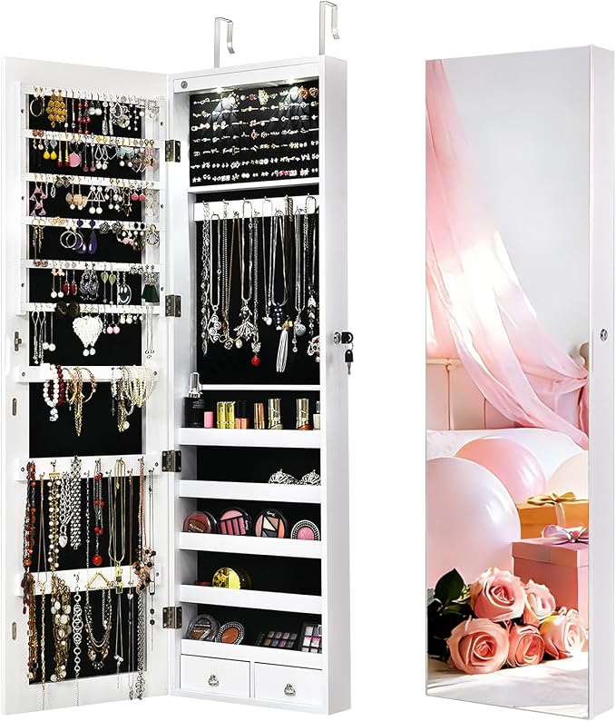 NAFORT 2 LEDs Mirror Jewelry Armoire, 47.5" H Door or Wall Mounted Jewelry Cabinet with Frameless Mirror, Lockable Jewelry Storage Box, Hanging Jewelry Organizer with 2 Drawers, White