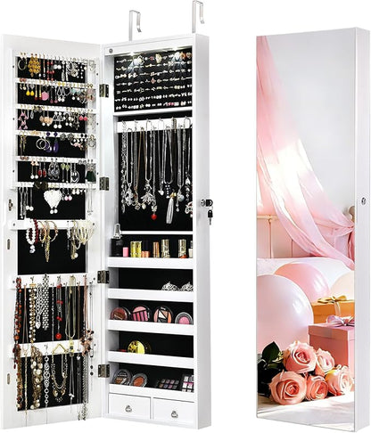 NAFORT 2 LEDs Mirror Jewelry Armoire, 47.5" H Door or Wall Mounted Jewelry Cabinet with Frameless Mirror, Lockable Jewelry Storage Box, Hanging Jewelry Organizer with 2 Drawers, White