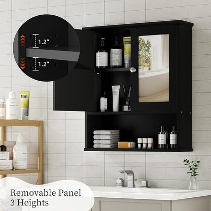 Shintenchi Bathroom Medicine Cabinet with Mirror, Wall Mounted, Black | Over The Toilet Cupboard, Adjustable Shelf, Open & Concealed Storage, 2 Magnet Doors, Space-Saving, Easy to Clean