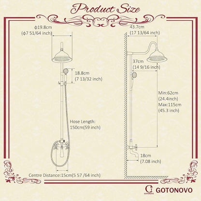 gotonovo Vintage Exposed Shower Faucet Set with Tub Spout,Oil Rubbed Bronze | Bathtub 8” Shower Head with Handheld System Fixtures Combo Kit,360°Rotation,Fast Filler,Extra Extension Tube,for 5-6.7" Hole