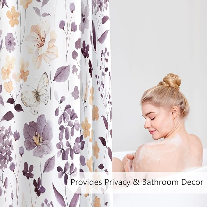 Extra Long Shower Curtain 72 x 96 Inch, Floor to Ceiling X-Long Plum Floral Shower Curtains, Watercolor Flower Butterfly Fabric Shower Curtain Set with Hooks