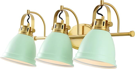 JONATHAN Y 25.5" Mint Green/Brass Gold 3-Light LED Vanity Light, Adjustable Wall Sconce for Bathroom Mirror, Farmhouse Bohemian Kitchen Light, Iron Black Bell Shade (JYL1116D)