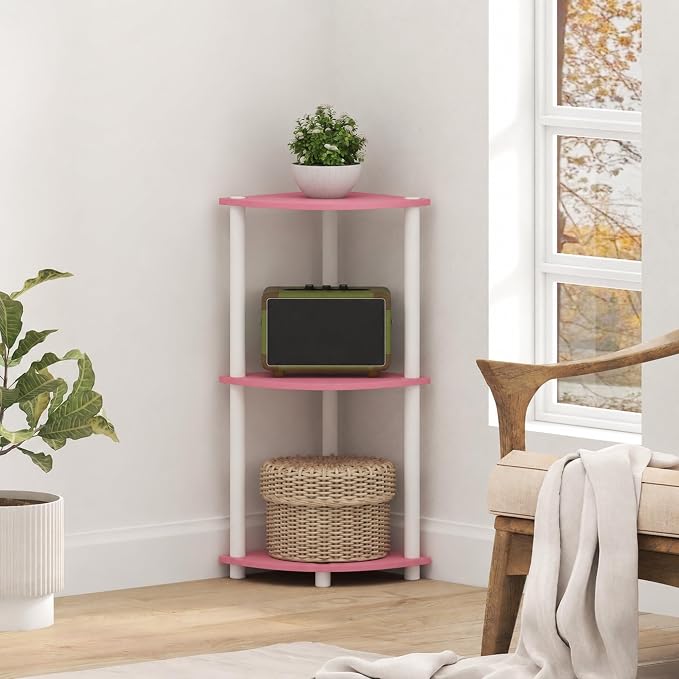 Furinno Turn-N-Tube Toolless Assembly 3-Tier Corner Shelf, Pink Corner Book Shelf, Open Shelves Bookshelf, for Organization and Storage, Living Room, Home Office, Bedroom, Soft Pink