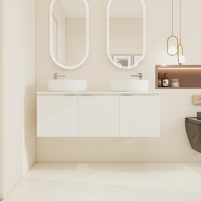 48 Inch Bathroom Vanity with Sink, 48" Floating Bathroom Vanity with Double Vessel Sinks, Modern Wall Mounted Cabinet Set, White Storage Cabinet with 3 Soft Close Doors and 2 White Ceramic Basin Sinks