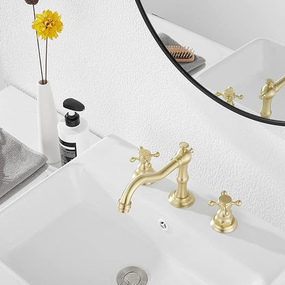 Brushed Gold Bathroom Faucet GGStudy 2 Handles 3 Holes Widespread Bathroom Sink Facuet Farmhouse Washingroom Faucet Mixer Tap