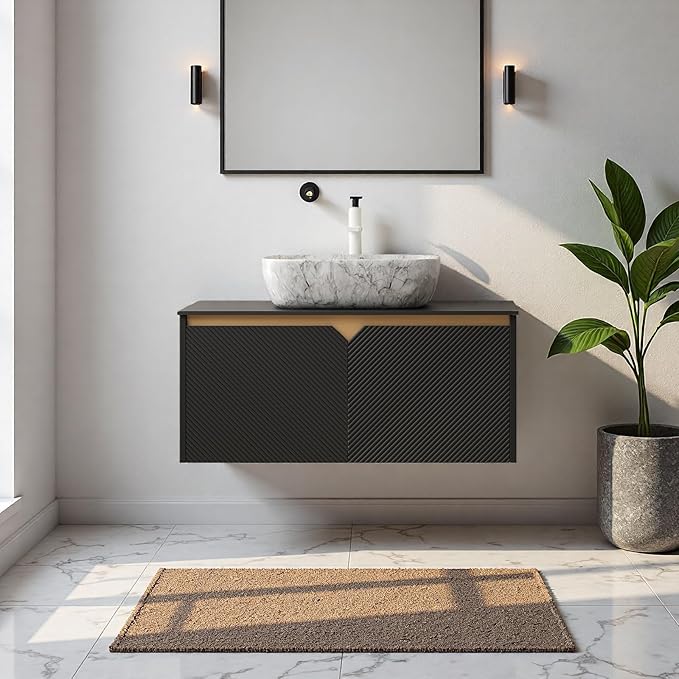 Floating Bathroom Vanity with Sink, 36" Bathroom Storage Cabinet with Sintered Stone Countertop & Marble-Pattern Ceramic Basin, Wall-Mounted Vanity with 2 Twill Pattern Doors, Black