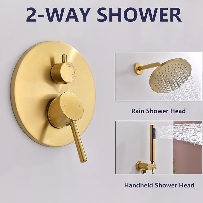 Shower System, All Metal Gold Shower Faucet Set, Brushed Gold | 8" Rainfall Shower Head and Handheld Spray Combo, Round Shower Head and Handle Set with Valve and Trim Kit