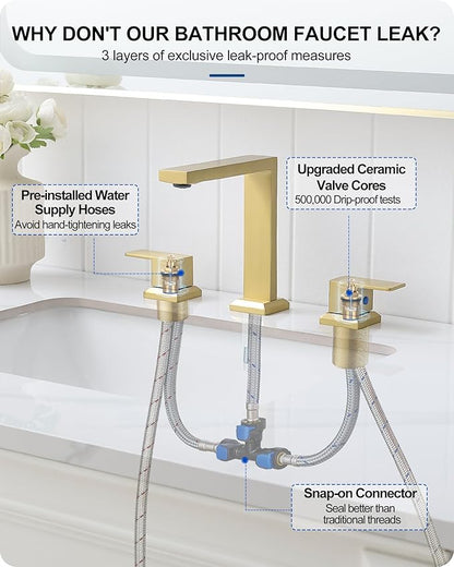 8 Inch Brass Bathroom Faucet 3 Hole, 2 Handle Brushed Gold Faucets for Bathroom Sinks with Pop up Drain, Pre-Installed cUPC Water Hoses & Removable Aerator for Vanity, Modern, No Noise