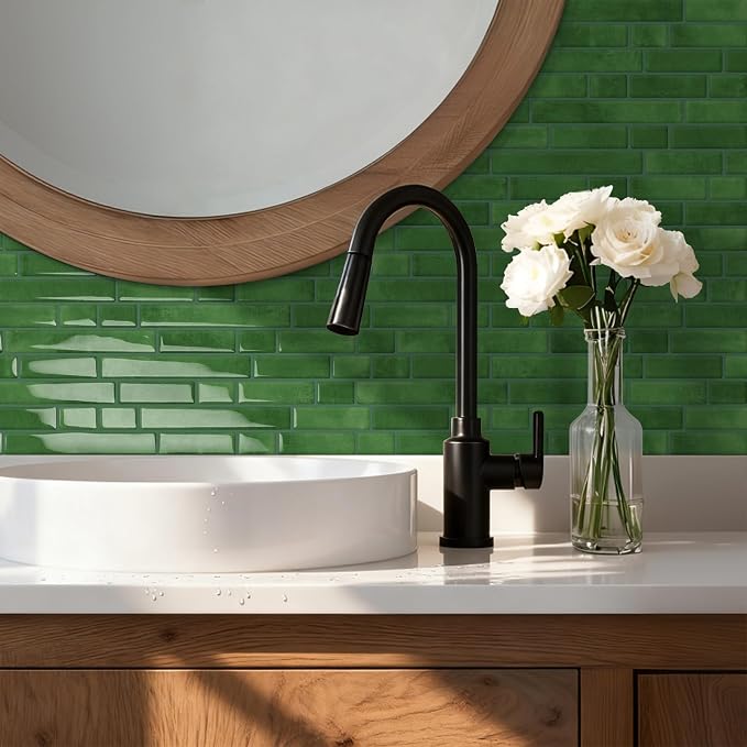 Peel and Stick Backsplash 3D Self Adhesive Wall Tile Green 10 Sheet | Thick,Sticky,Vinyl,12"x12",Marble,for Kitchen,Bathroom