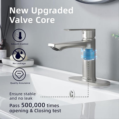 BELZ Brushed Nickel Bathroom Faucet, Modern Single Handle One Hole Bath Vanity Sink Faucet with Pop Up Drain and Deck Plate for 1 or 3 Holes