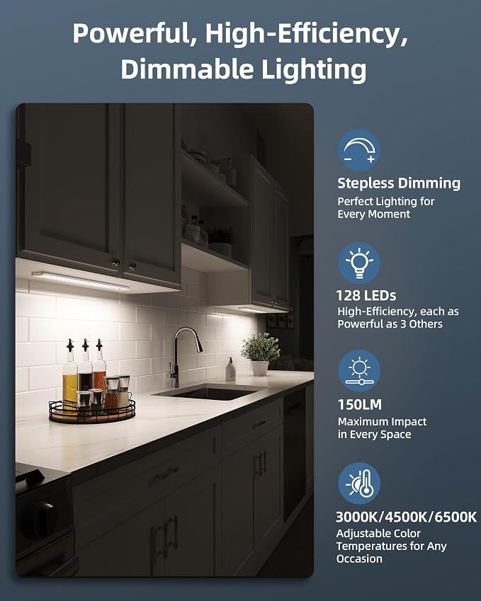 17" Under Cabinet Lights, Motion Sensor Light, Wireless Closet Lights, 3 Color Temps, 4000mAh Rechargeable, Magnetic, Dimmable, 128 LEDs Super Bright Under Counter Lights for Kitchen (2 Pack)