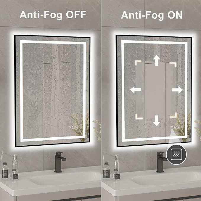 18x24 inches Rectangular Aluminum Black Framed LED Mirror, Smart Bathroom Mirror with Lights, Anti-Fog, Tempered Glass, 3 Colors Dimmable, Front and Backlit, Wall Mounted, Memory