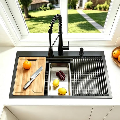 33x22 Black Drop In Kitchen Sink, 33 Inch Topmount Gunmetal Black Stainless Steel Single Bowl Overmount Double Ledges Workstation Sink with Accessories