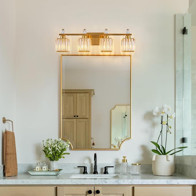 Vanity Lights 4-Light Modern Crystal Vanity Light Gold Bathroom Light Fixtures Over Mirror Crystal Bathroom Vanity Lighting Fixtures