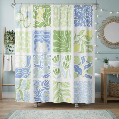 JAWO Blue Cute Boho Floral Shower Curtain, Colorful Abstract Floral Retro Aesthetic Shower Curtain for Bathroom, Funky Unique Waterproof Fabric Polyester Bath Curtains Decor with Hooks,70Wx75H