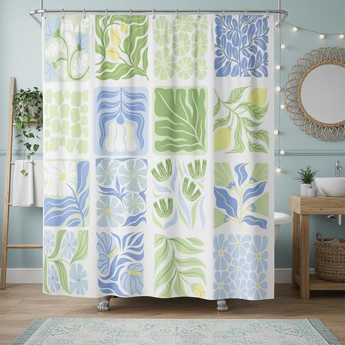 JAWO Blue Cute Boho Floral Shower Curtain, Colorful Abstract Floral Retro Aesthetic Shower Curtain for Bathroom, Funky Unique Waterproof Fabric Polyester Bath Curtains Decor with Hooks,47Wx64H