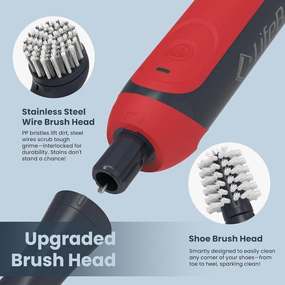 LifeBasis Cordless Rechargeable Power Scrubber Brush, Red | Water-resistant Compact Scrubber with 5 Replaceable Brush Heads for Grout, Tile, Shower, Tub, Kitchen and Bathroom Cleaning