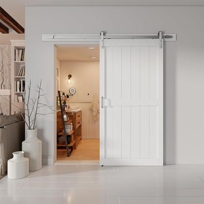 40''x84'' Sliding Barn Door with 7 Ft Brushed Nickel Hardware Kit | Pre-Drilled Holes Easy Assembly - Include Installation Manual, Water-Proof PVC Surface, H-Frame, White