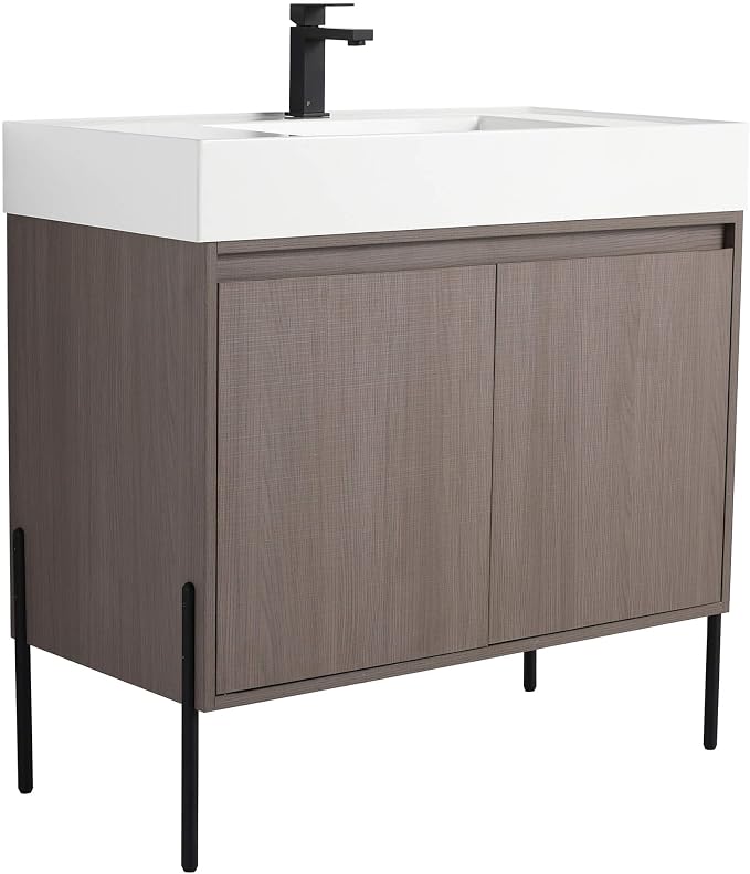 Crownpoint 36 Inch Bathroom Vanity with Sink, White Sink, Gray Oak Finish, Full Assembly Required, Elegant Bathroom Vanities for Modern Homes