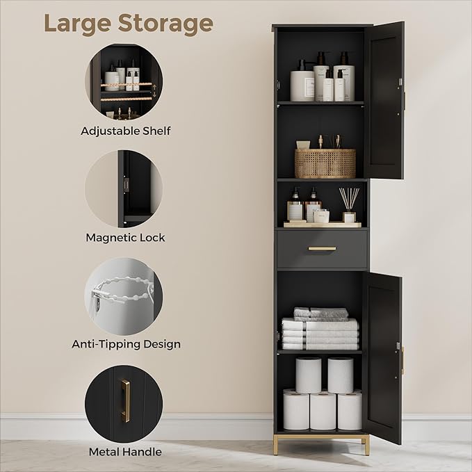 Homhedy 67" H Bathroom Storage Cabinet, Tall Bathroom Cabinet, Black | Narrow Cabinet with Doors and Drawer, Adjustable Shelves, Floor Cabinet for Bathroom, Living Room, Kitchen, Dining Room