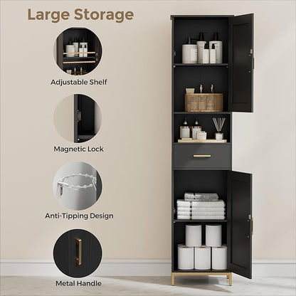 Homhedy 67" H Bathroom Storage Cabinet, Tall Bathroom Cabinet, Black | Narrow Cabinet with Doors and Drawer, Adjustable Shelves, Floor Cabinet for Bathroom, Living Room, Kitchen, Dining Room