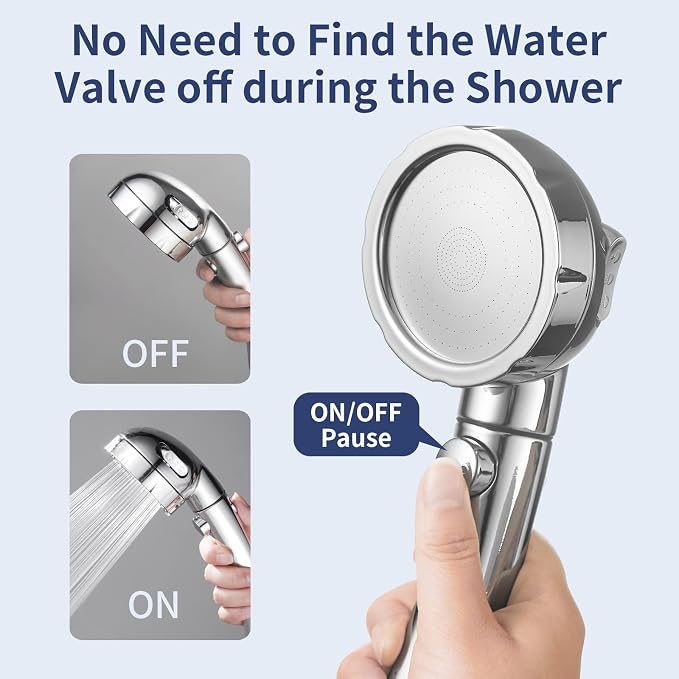 HANLIAN Chrome On/Off High Pressure Handheld Shower Head for RV Camper | 3 Spray Modes Shower Head with Pause Button, Water Saving Shower Head with Hose and Adjustable Self-adhesive Holder