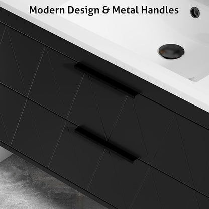eclife 24" Bathroom Vanities Cabinet with Sink Combo, Wall Mounted Floating Cabinet W/Decor Line, Soft-Close System, 2 Extra Big Drawers, Matte Black Faucet, Black
