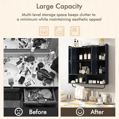 RUSTOWN Rustic Wood Wall Bathroom Cabinet, Farmhouse Medicine Cabinet Wall Mounted, Space Saving Wall Storage Cabinet with 2 Barn Door, 3-Tier Adjustable Shelves and Towel Bar(Navy Blue)