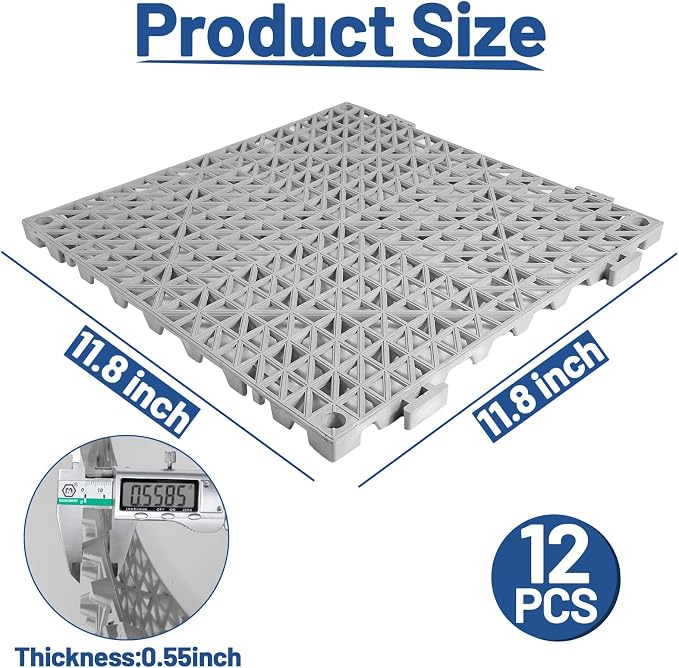 12PCS Drainage Interlocking Floor Tiles 11.8" x 11.8", Modular Interlocking Cushion Soft PVC Floor Non-Slip Splicing Waterproof Mat for Pool, Shower, Patio, Balcony, Bathroom, Kitchen, Yard（Grey）