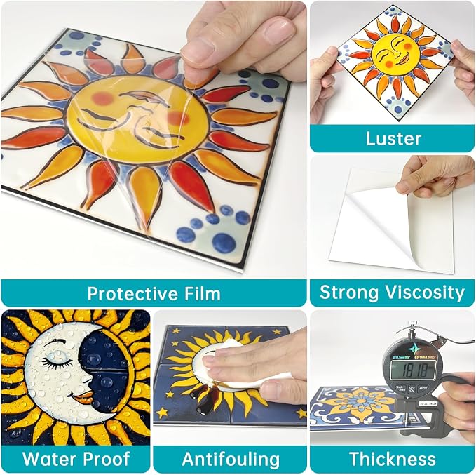 Adhesive Moroccan wall Tile Stickers 6x6in Stick on backsplash Tiles,12Pcs | high end removable&waterproof sticker tiles for kitchen RV bathroom laundry backsplash decor,Ultra-HD sun moon pattern