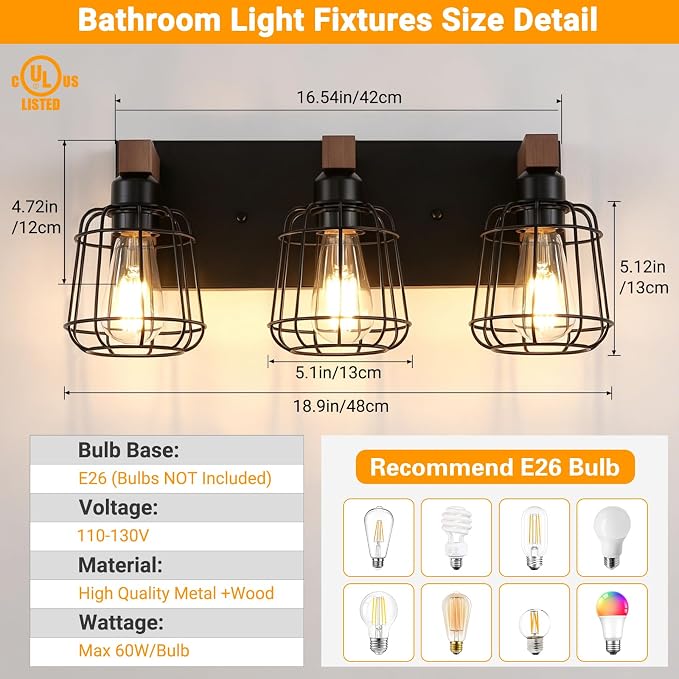 Dpyrrhic 3-Light Bathroom Light Fixtures, Wood Bathroom Wall Lights, Modern Bathroom Vanity Light with Cage Metal Shade, Bathroom Wall Lamp for Mirror Kitchen Bedroom Living Room