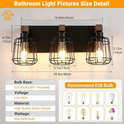 Dpyrrhic 3-Light Bathroom Light Fixtures, Wood Bathroom Wall Lights, Modern Bathroom Vanity Light with Cage Metal Shade, Bathroom Wall Lamp for Mirror Kitchen Bedroom Living Room