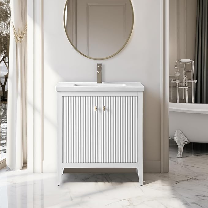 Vanity Art 30 inch Bathroom Vanity with Single Sink & Ceramic Top, Vanity Cabinet with Soft-Closing Door, Solid Wood Frame, Linear Pattern, White, Golden Brushed Handware VA9130-W-GB