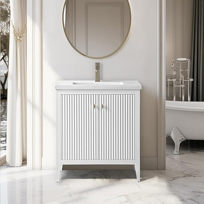 Vanity Art 30 inch Bathroom Vanity with Single Sink & Ceramic Top, Vanity Cabinet with Soft-Closing Door, Solid Wood Frame, Linear Pattern, White, Golden Brushed Handware VA9130-W-GB