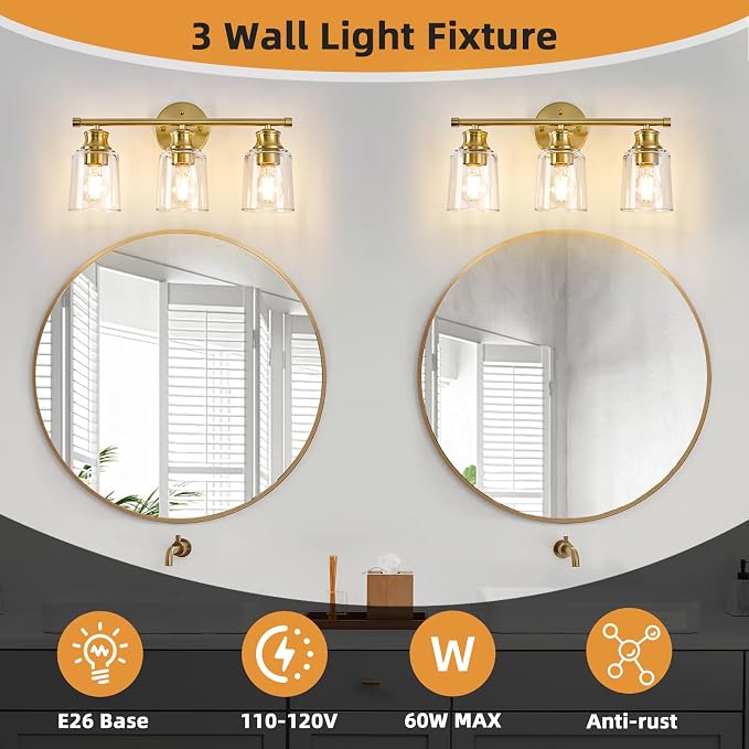 Bathroom Light Fixtures Over Mirror, 3 Lights Vanity Lights with Clear Glass Shade, 18.1" Gold Farmhouse Bathroom Wall Light Fixtures for Bedroom, Porch, Hotel, Mirror Cabinet