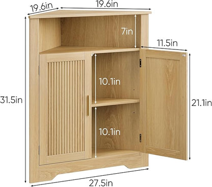 Smuxee Bathroom Corner Cabinet, Floor Corner Storage Cabinet with Fluted Door and Adjustable Shelf, Wooden Narrow Cabinet Organizer for Bathroom, Kitchen, Living Room