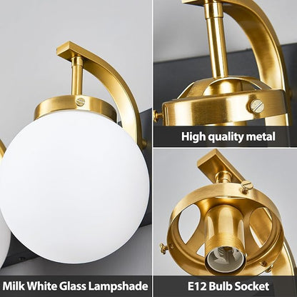 5-Light Bathroom Vanity Light Fixtures Sand Black Gold Vanity Lights Over Mirror Modern Wall Sconce with Milk White Glass Globe Lampshade for Lving Room Dining Room Corridor Powder Room